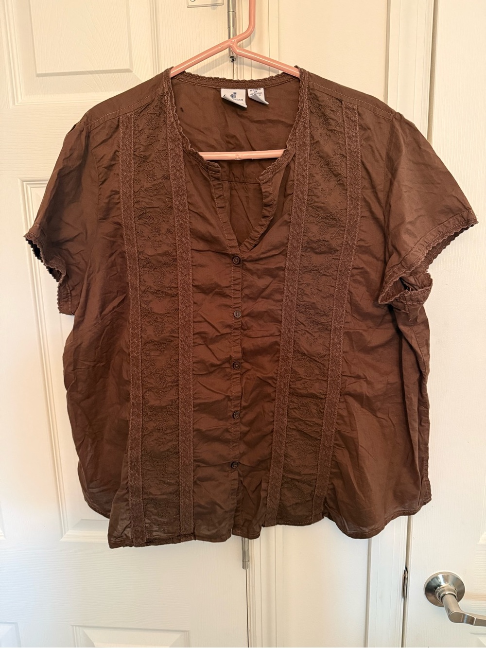 Caribbean Joe Brown Button-Front Lace-Trim Blouse 100% Cotton